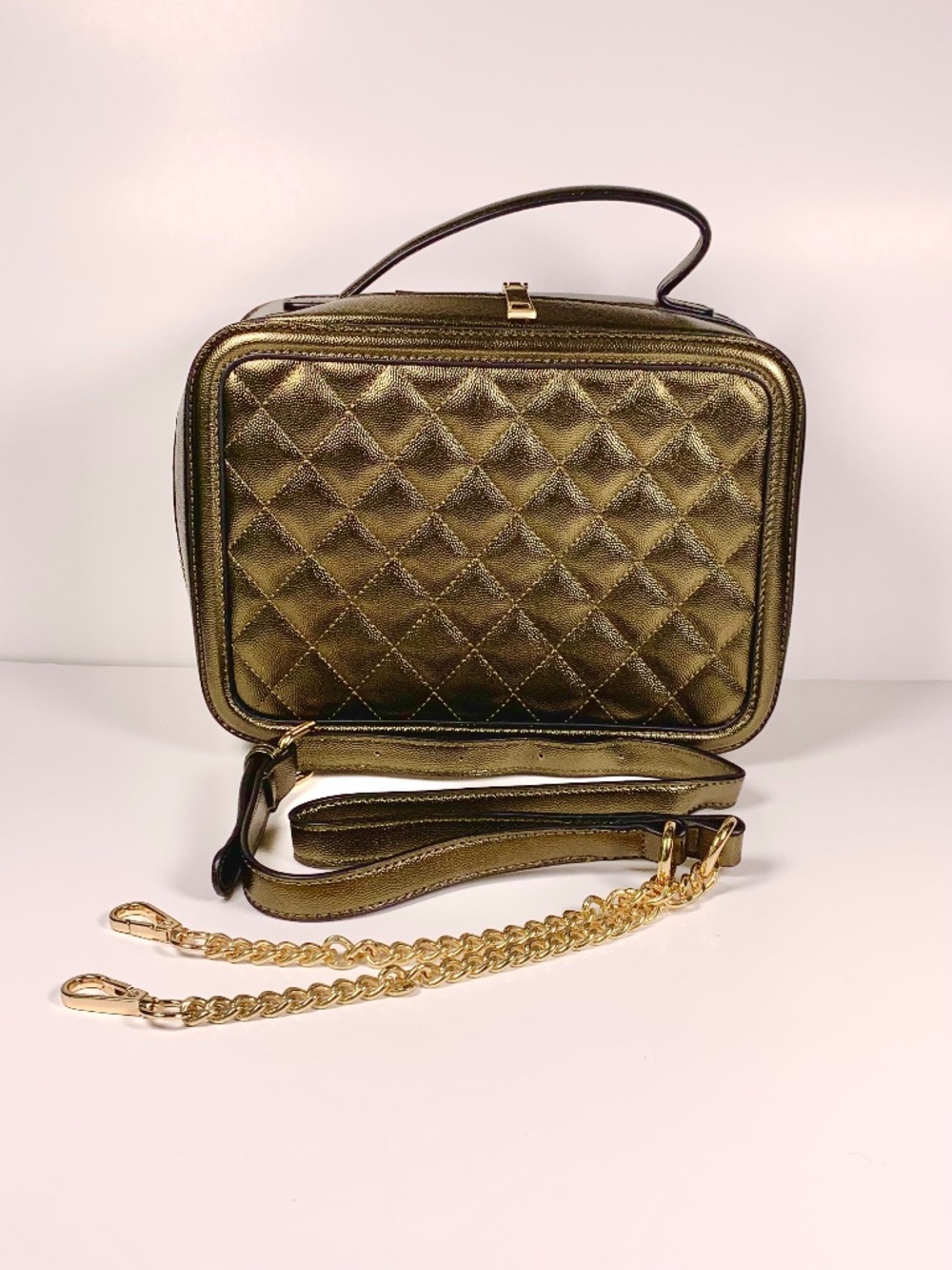 Fashion Box Bag Metallic Gold Bronze Quilted Leather Structured Vanity Case
